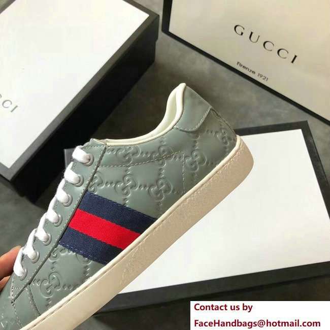 Gucci Ace Leather Low-Top Lovers Sneakers Web Signature Light Green 2018 - Click Image to Close