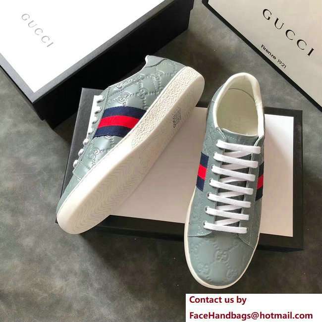 Gucci Ace Leather Low-Top Lovers Sneakers Web Signature Light Green 2018