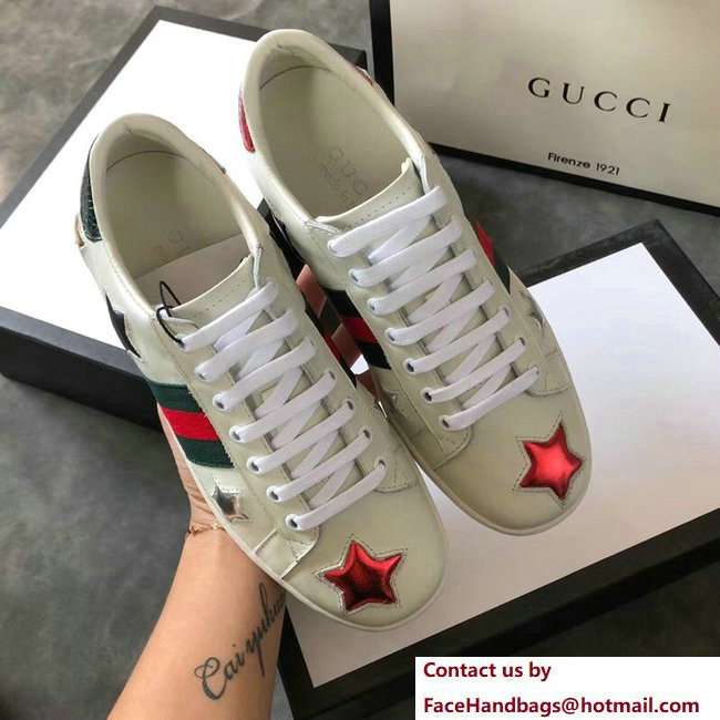 Gucci Ace Leather Low-Top Lovers Sneakers Web Star Creamy 2018 - Click Image to Close