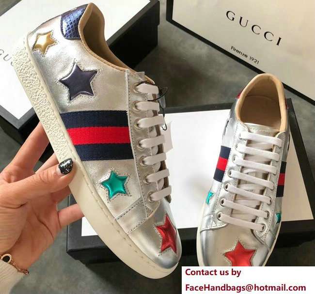 Gucci Ace Leather Low-Top Lovers Sneakers Web Star Silver 2018