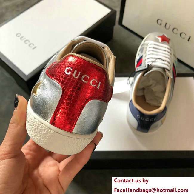 Gucci Ace Leather Low-Top Lovers Sneakers Web Star Silver 2018 - Click Image to Close