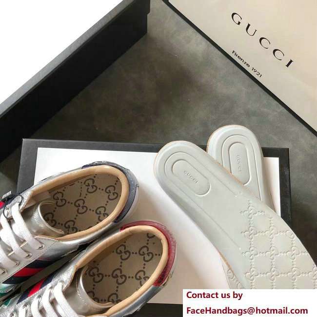 Gucci Ace Leather Low-Top Lovers Sneakers Web Star Silver 2018