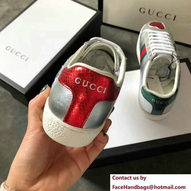 Gucci Ace Leather Low-Top Lovers Sneakers Web Star and Heart Silver 2018 - Click Image to Close