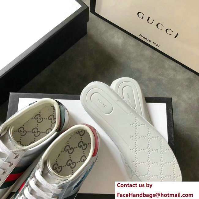 Gucci Ace Leather Low-Top Lovers Sneakers Web Star and Heart Silver 2018