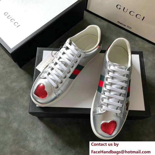 Gucci Ace Leather Low-Top Lovers Sneakers Web Star and Heart Silver 2018