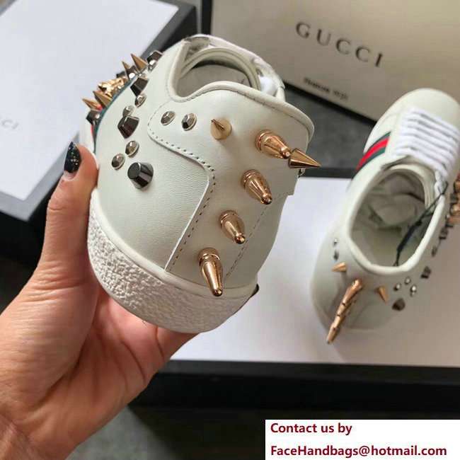 Gucci Ace Leather Low-Top Lovers Sneakers Web Studs And Metal Feline Creamy 2018 - Click Image to Close
