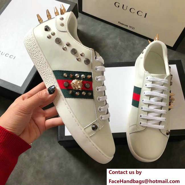 Gucci Ace Leather Low-Top Lovers Sneakers Web Studs And Metal Feline Creamy 2018