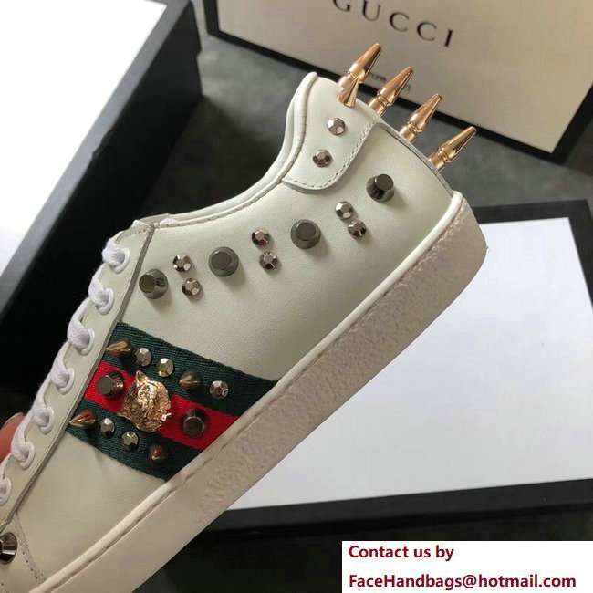 Gucci Ace Leather Low-Top Lovers Sneakers Web Studs And Metal Feline Creamy 2018