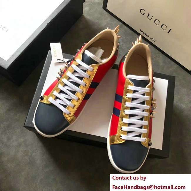 Gucci Ace Leather Low-Top Lovers Sneakers Web Studs And Metal Feline Red 2018