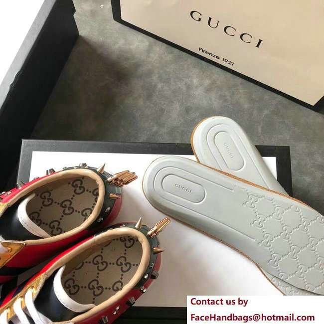 Gucci Ace Leather Low-Top Lovers Sneakers Web Studs And Metal Feline Red 2018 - Click Image to Close
