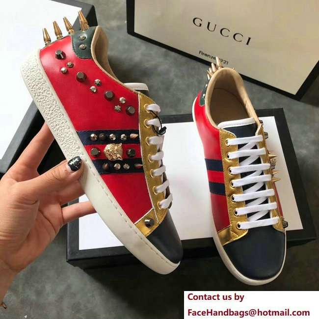 Gucci Ace Leather Low-Top Lovers Sneakers Web Studs And Metal Feline Red 2018