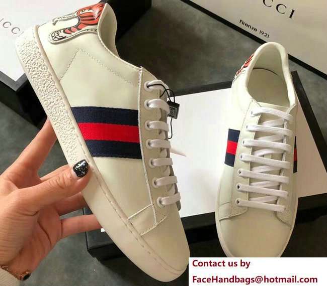 Gucci Ace Leather Low-Top Lovers Sneakers Web Tiger Creamy 2018
