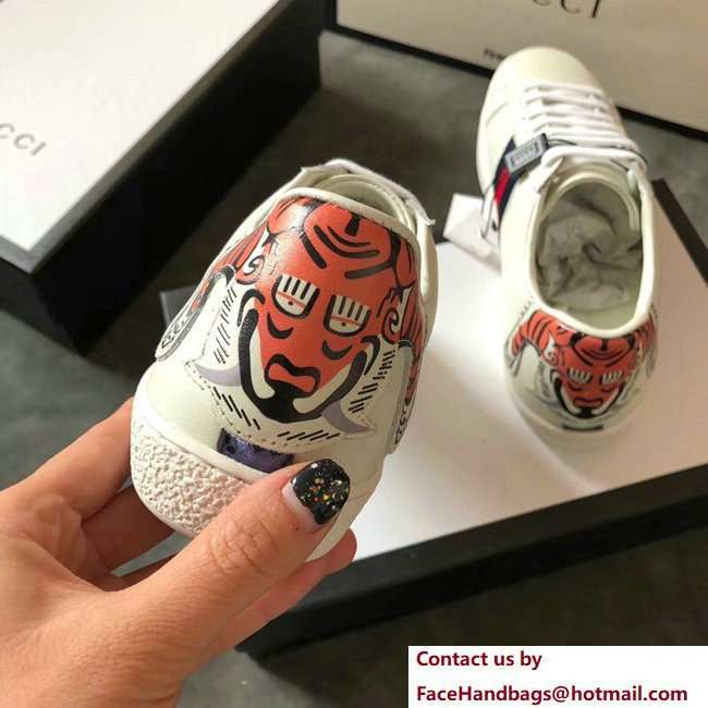 Gucci Ace Leather Low-Top Lovers Sneakers Web Tiger Creamy 2018 - Click Image to Close
