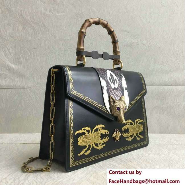 Gucci Broche Medium Beetle Print Top Handle Bag 466434 Black 2018