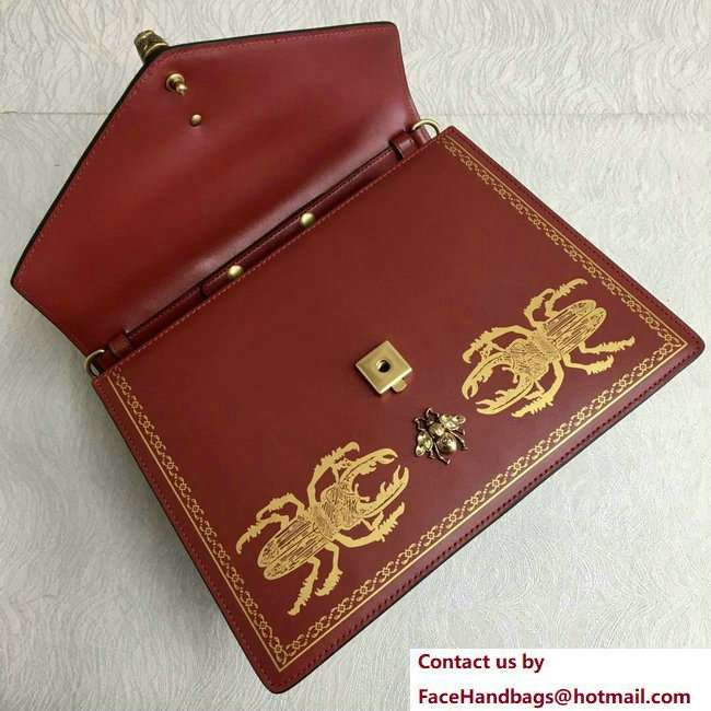 Gucci Broche Medium Beetle Print Top Handle Bag 466434 Dark Red 2018