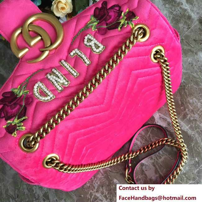 Gucci GG Marmont Embroidered Flower and Blind For Love Velvet Chevron Medium Shoulder Bag 443496 Raspberry Pink 2018 - Click Image to Close