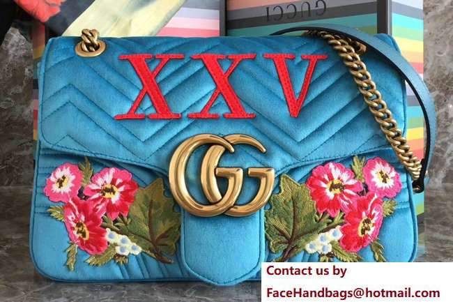 Gucci GG Marmont Embroidered Flower and XXV Velvet Chevron Medium Shoulder Bag 443496 Turquoise 2018