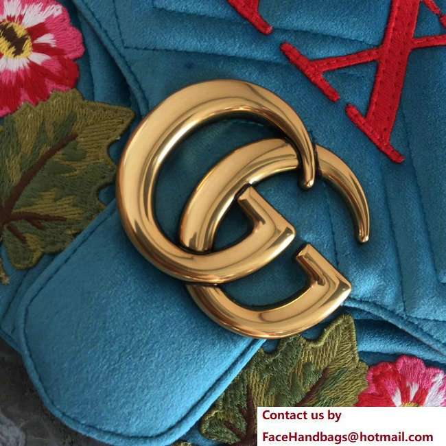 Gucci GG Marmont Embroidered Flower and XXV Velvet Chevron Medium Shoulder Bag 443496 Turquoise 2018 - Click Image to Close