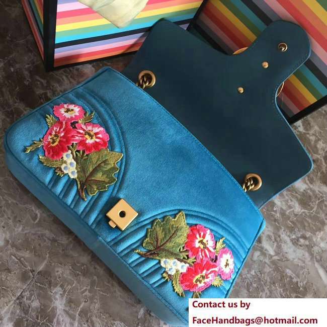 Gucci GG Marmont Embroidered Flower and XXV Velvet Chevron Medium Shoulder Bag 443496 Turquoise 2018 - Click Image to Close
