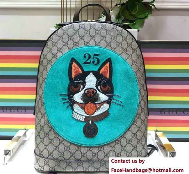 Gucci GG Supreme Boston Terriers Bosco Medium Backpack Bag 505372 Green Patch 2018