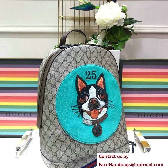 Gucci GG Supreme Boston Terriers Bosco Medium Backpack Bag 505372 Green Patch 2018 - Click Image to Close
