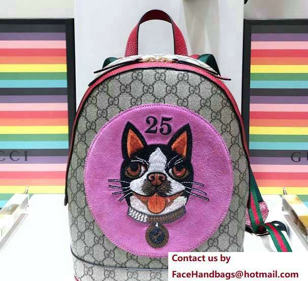 Gucci GG Supreme Boston Terriers Bosco Small Backpack Bag 495621 Pink Patch 2018 - Click Image to Close