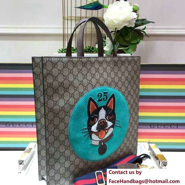 Gucci GG Supreme Boston Terriers Bosco Tote Bag 450950 Green Patch 2018 - Click Image to Close