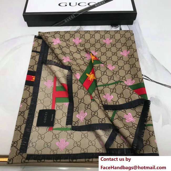 Gucci GG Web Bee Silk Scarf Beige 2018 - Click Image to Close