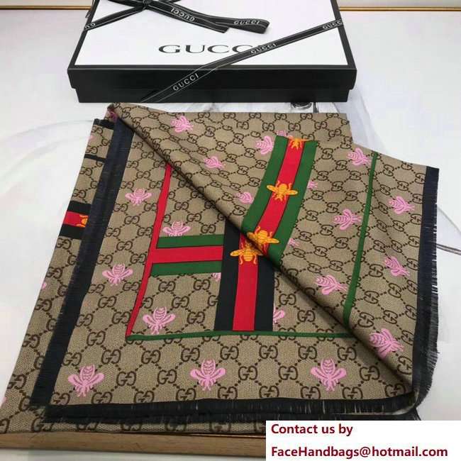 Gucci GG Web Bee Silk Scarf Beige 2018 - Click Image to Close