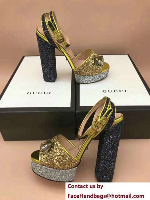 Gucci Glittered Heel Bee Sandals 475915 Gold 2018