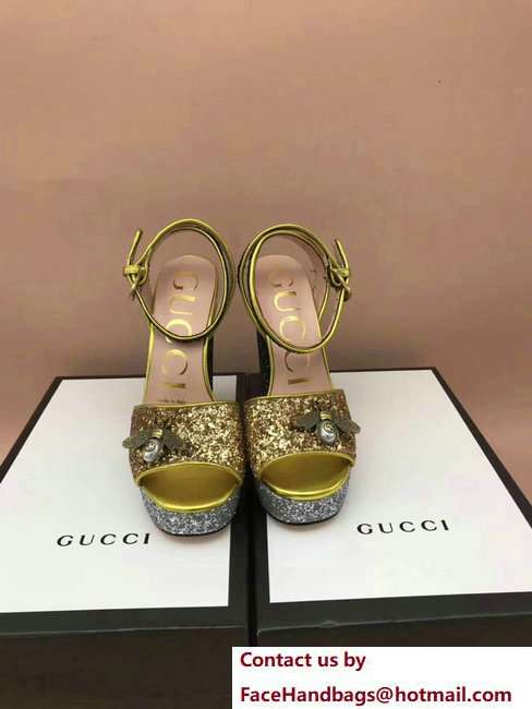 Gucci Glittered Heel Bee Sandals 475915 Gold 2018