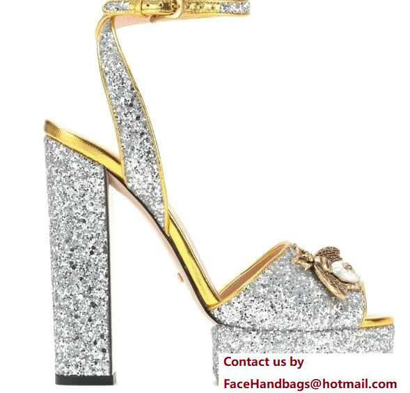 Gucci Glittered Heel Bee Sandals 475915 Silver 2018 - Click Image to Close