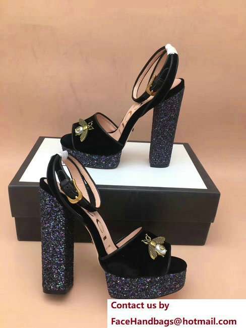 Gucci Glittered Heel Bee Sandals 475915 Velvet Black 2018