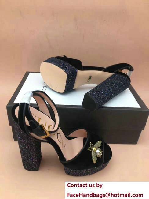 Gucci Glittered Heel Bee Sandals 475915 Velvet Black 2018 - Click Image to Close