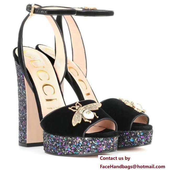 Gucci Glittered Heel Bee Sandals 475915 Velvet Black 2018 - Click Image to Close