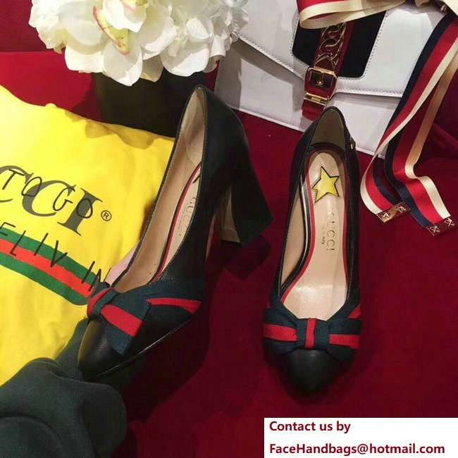 Gucci Heel 8cm Web Star Leather Point-toe Pumps 432044 Black 2018 - Click Image to Close