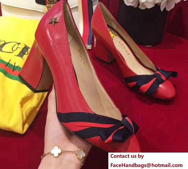 Gucci Heel 8cm Web Star Leather Point-toe Pumps 432044 Red 2018 - Click Image to Close