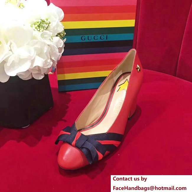 Gucci Heel 8cm Web Star Leather Point-toe Pumps 432044 Red 2018