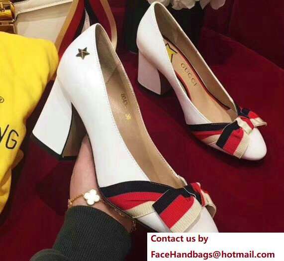 Gucci Heel 8cm Web Star Leather Point-toe Pumps 432044 White 2018 - Click Image to Close