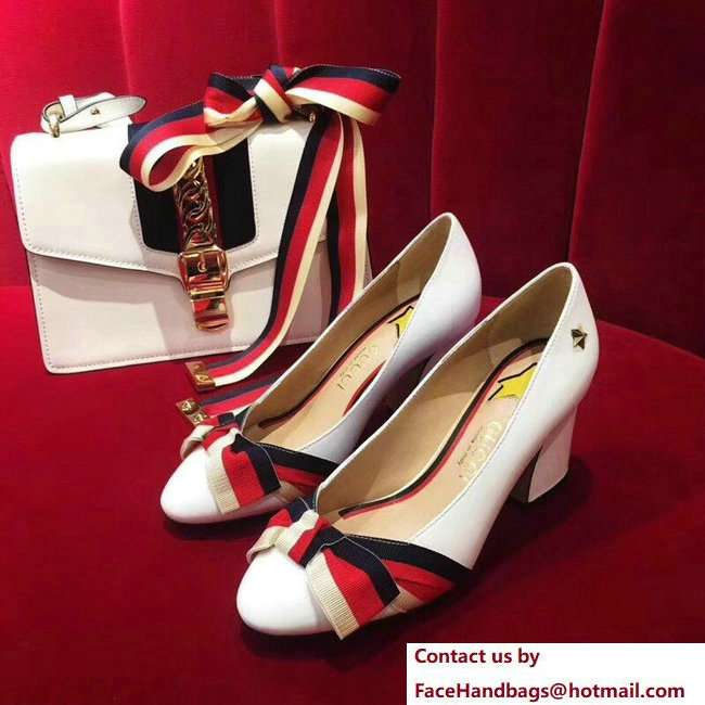 Gucci Heel 8cm Web Star Leather Point-toe Pumps 432044 White 2018