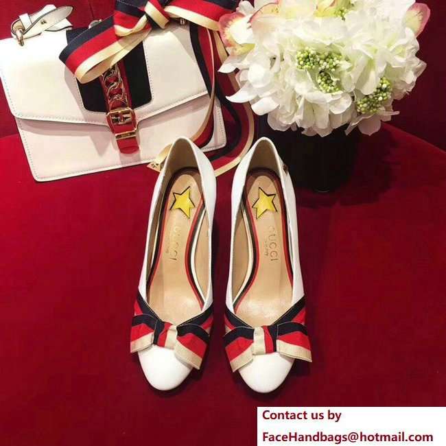 Gucci Heel 8cm Web Star Leather Point-toe Pumps 432044 White 2018 - Click Image to Close