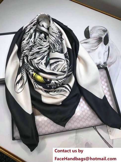 Gucci Mystic Cat Print Silk Scarf 501637 Black 2018