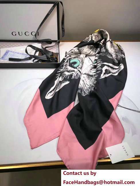 Gucci Mystic Cat Print Silk Scarf 501637 Pink 2018