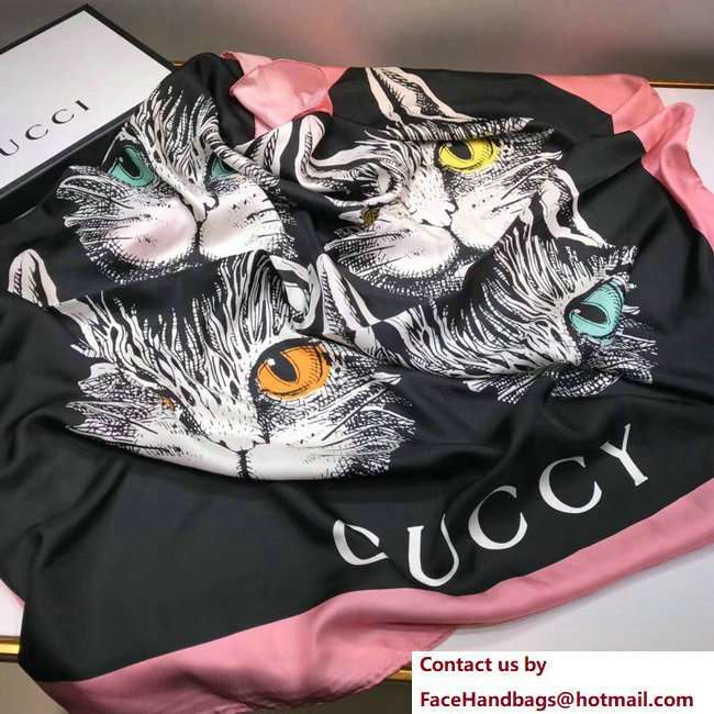 Gucci Mystic Cat Print Silk Scarf 501637 Pink 2018 - Click Image to Close