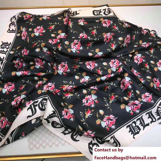 Gucci Roses and Gothic Blind For Love Print Silk Scarf 499671 Black 2018 - Click Image to Close