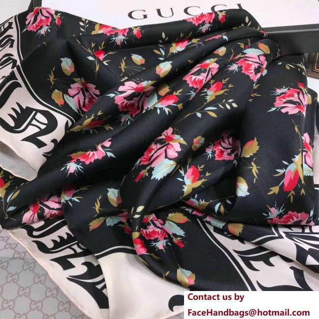 Gucci Roses and Gothic Blind For Love Print Silk Scarf 499671 Black 2018 - Click Image to Close