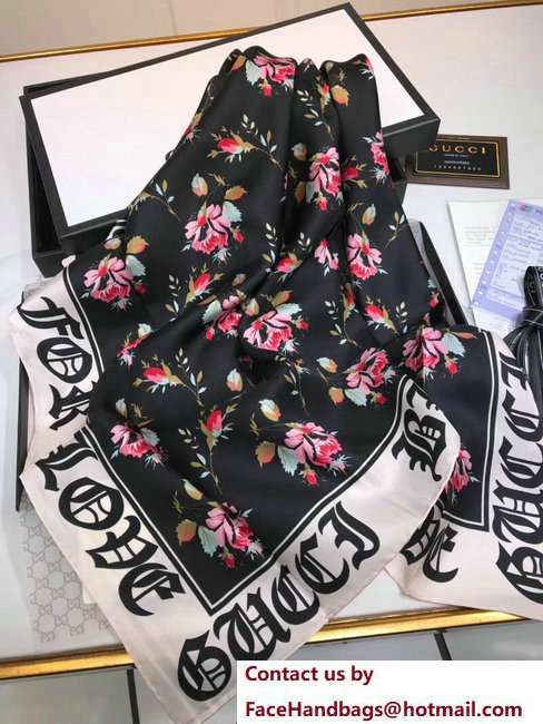Gucci Roses and Gothic Blind For Love Print Silk Scarf 499671 Black 2018