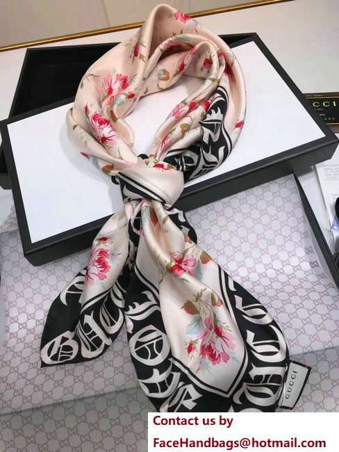 Gucci Roses and Gothic Blind For Love Print Silk Scarf 499671 Pink 2018 - Click Image to Close