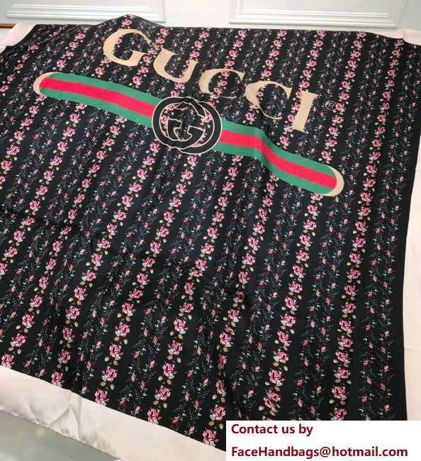 Gucci Vintage Logo Rose Print Silk Square Scarf 499123 Black 2018 - Click Image to Close