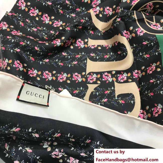 Gucci Vintage Logo Rose Print Silk Square Scarf 499123 Black 2018 - Click Image to Close